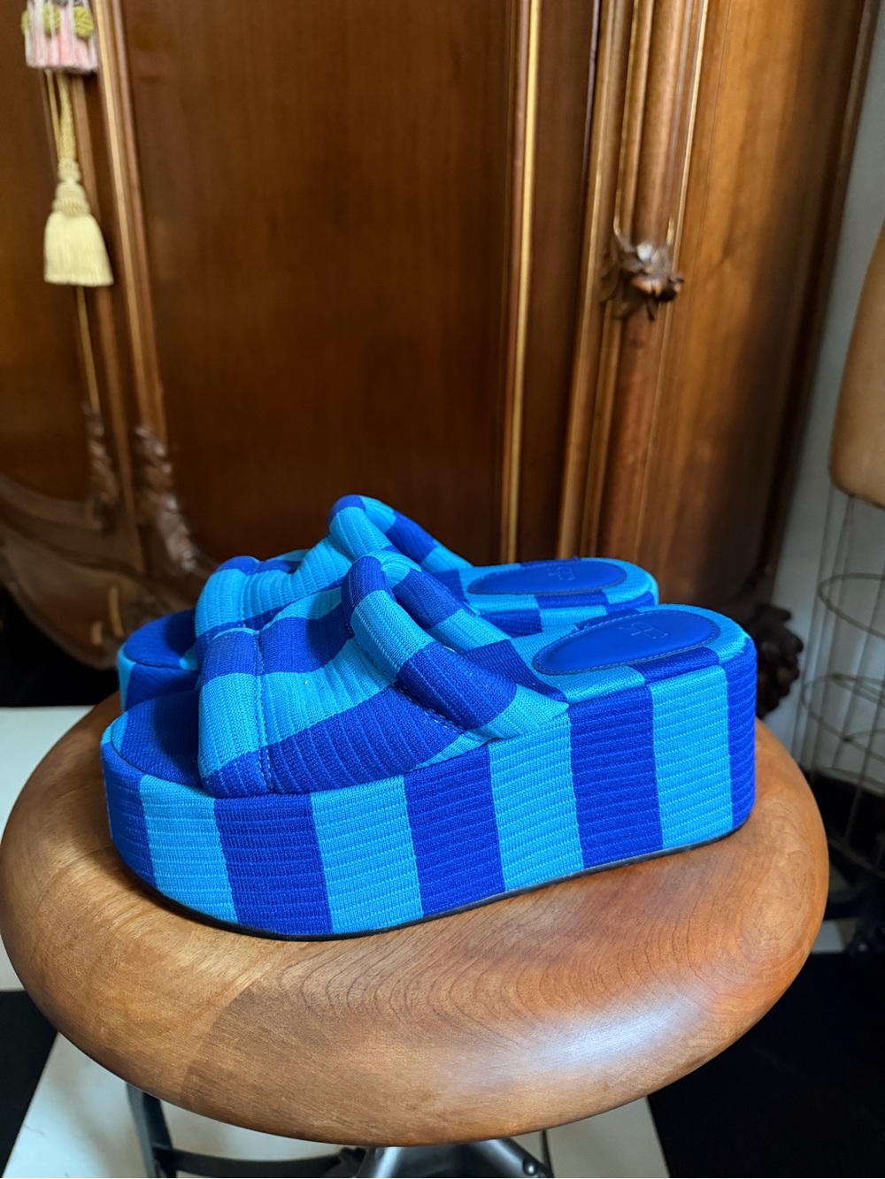 Fabric Blue & Light Blue Striped Platform Sandals Size EU 37 US 7